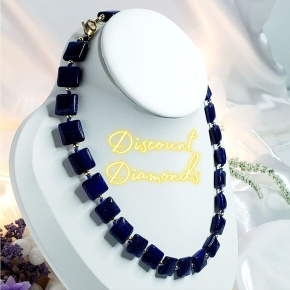 Natural Deep Blue Lapis Lazuli 12mm Flat Square Single Strand Necklace 14 Ct. Go - Picture 1 of 13